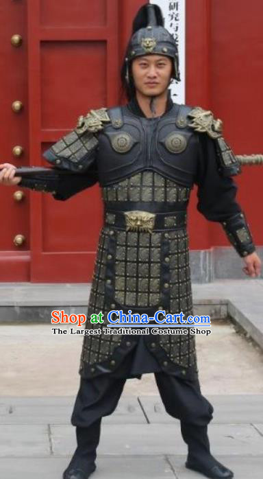 Traditional Chinese Han Dynasty Warrior Body Armor Outfits Ancient Film General Armour Soldier Costumes and Headwear Full Set