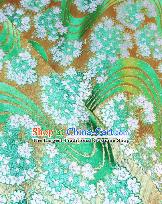 Japanese Traditional Sakura Pattern Design Green Nishijin Brocade Fabric Silk Material Traditional Asian Yamato Kimono Satin Tapestry