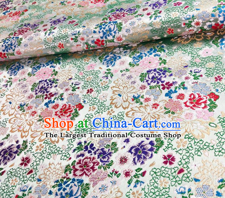 Japanese Traditional Sakura Peony Pattern Design Light Green Nishijin Brocade Fabric Silk Material Traditional Asian Japan Kimono Satin Tapestry