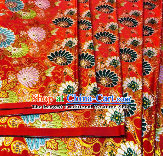 Japanese Traditional Daisy Pattern Design Red Nishijin Brocade Fabric Silk Material Traditional Asian Japan Kimono Satin Tapestry