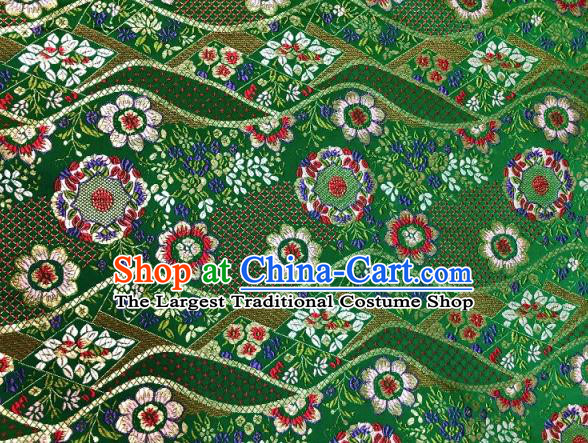 Japanese Traditional Flow Flowers Pattern Design Green Nishijin Brocade Fabric Silk Material Traditional Asian Japan Kimono Dress Satin Tapestry