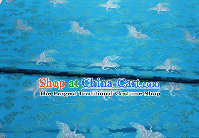 Chinese Classical Cloud Crane Pattern Design Blue Brocade Silk Fabric DIY Satin Damask Asian Traditional Qipao Dress Tapestry Material