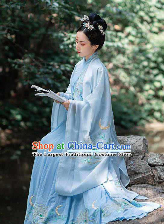 Chinese Ancient Jin Dynasty Noble Woman Embroidered Blue Cape Blouse and Skirt Hanfu Garment Costumes Complete Set