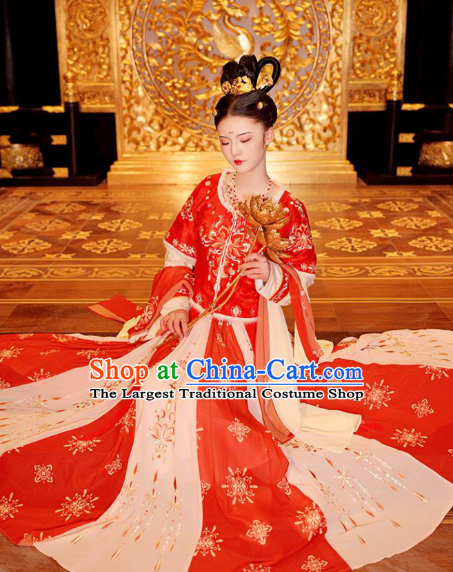 Chinese Ancient Princess Winter Hanfu Garment Costumes Tang Dynasty Red Half Sleeved Top Blouse and Skirt Full Set