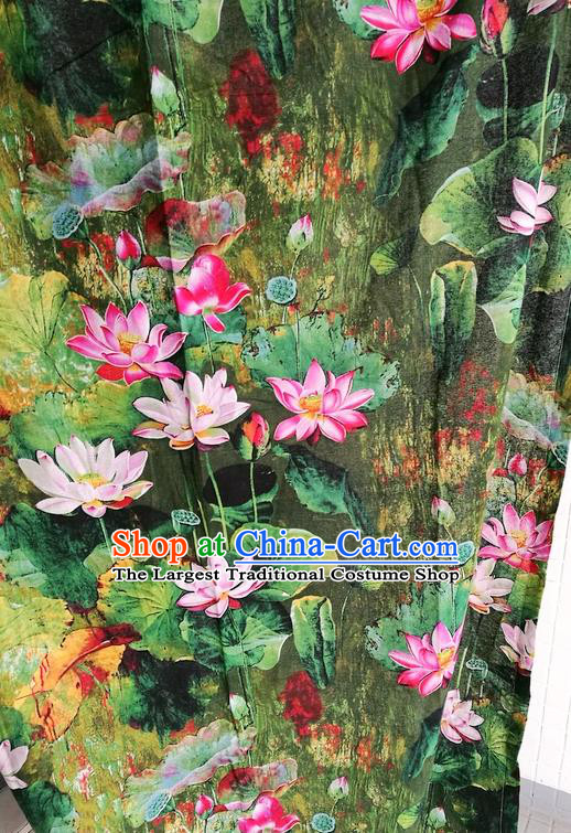 Top Quality Chinese Classical Lotus Pattern Green Flax Material Asian Traditional Curtain Linen Cloth Fabric