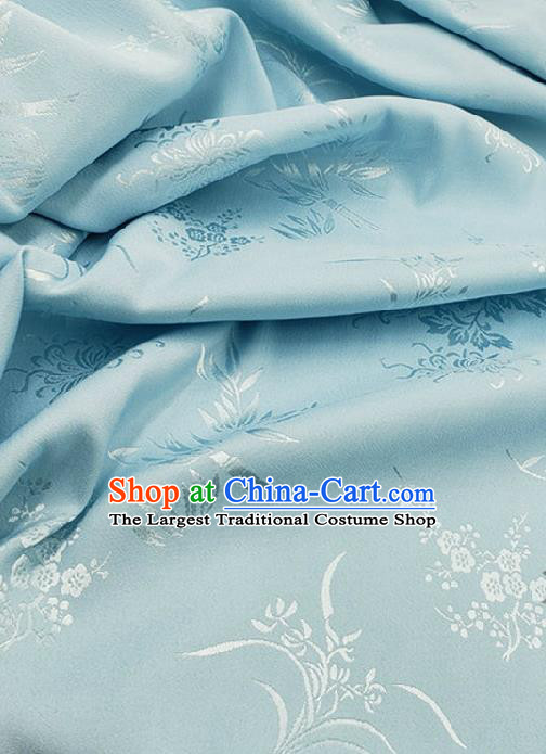 Chinese Traditional Plum Orchid Bamboo Chrysanthemum Pattern Design Light Blue Satin Fabric Traditional Asian Hanfu Dress Cloth Tapestry Jacquard Silk Material