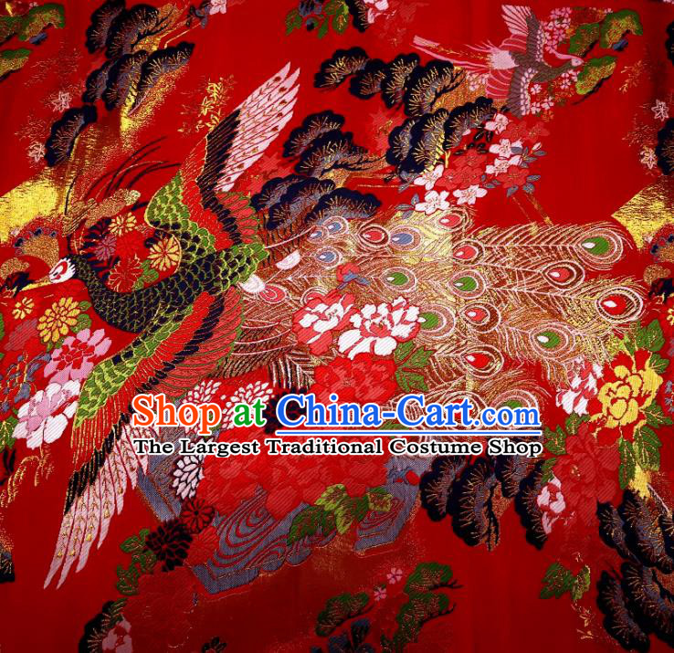 Top Quality Japanese Classical Phoenix Peony Pattern Red Satin Material Asian Traditional Brocade Kimono Belt Nishijin Cloth Fabric