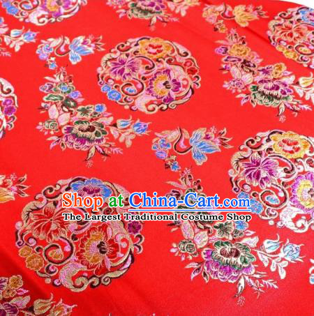 Chinese Classical Round Flowers Pattern Design Red Nanjing Brocade Cheongsam Fabric Asian Traditional Tapestry Satin Material DIY Wedding Cloth Damask