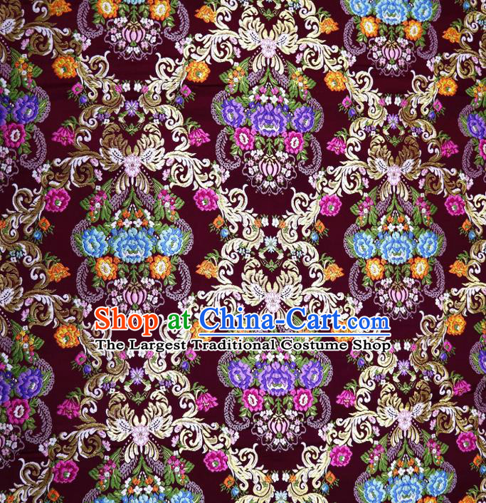 Chinese Classical Court Flowers Pattern Design Maroon Nanjing Brocade Cheongsam Fabric Asian Traditional Tapestry Satin Material DIY Wedding Cloth Damask