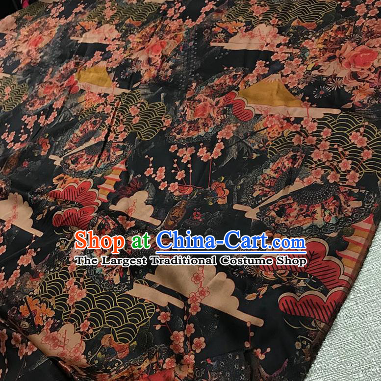 Chinese Classical Pine Plum Pattern Black Watered Gauze Asian Top Quality Silk Material Cloth Hanfu Dress Fabric