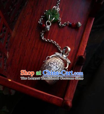 Chinese Classical Cheongsam Silver Carving Bucket Brooch Traditional Hanfu Accessories Handmade Jade Breastpin Pendant for Women