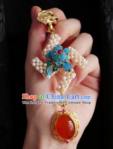 Chinese Classical Cheongsam Blue Peony Brooch Traditional Hanfu Accessories Handmade Pearls Breastpin Pendant for Women