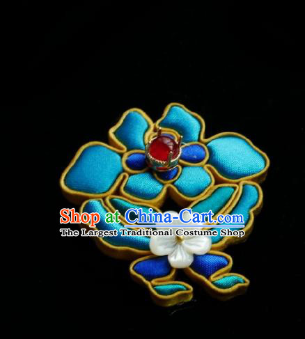 Chinese Classical Cheongsam Blue Silk Flower Butterfly Brooch Traditional Hanfu Accessories Handmade Breastpin for Women