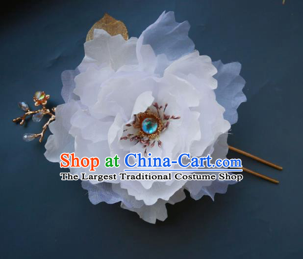 Handmade Chinese White Silk Peony Hairpins Traditional Hanfu Hair Accessories Ancient Tang Dynasty Court Hair Clip for Women