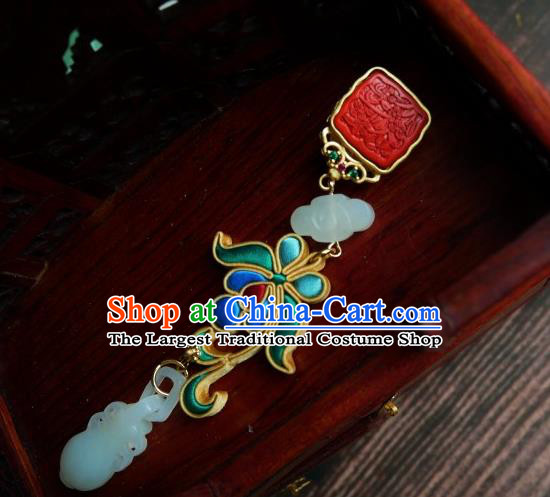 Chinese Classical Cheongsam Silk Iris Seal Brooch Traditional Hanfu Accessories Handmade Breastpin Jade Flagon Tassel Pendant for Women