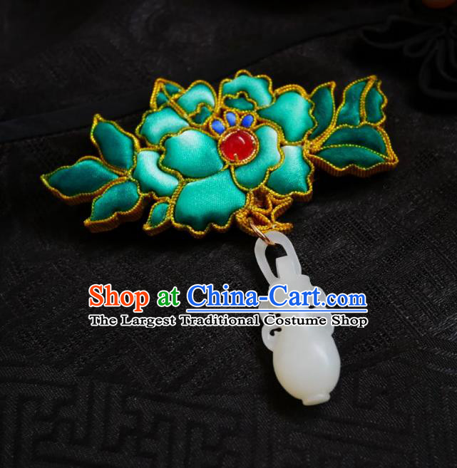 Chinese Classical Cheongsam Green Silk Peony Brooch Traditional Hanfu Accessories Handmade Jade Vase Breastpin Pendant for Women