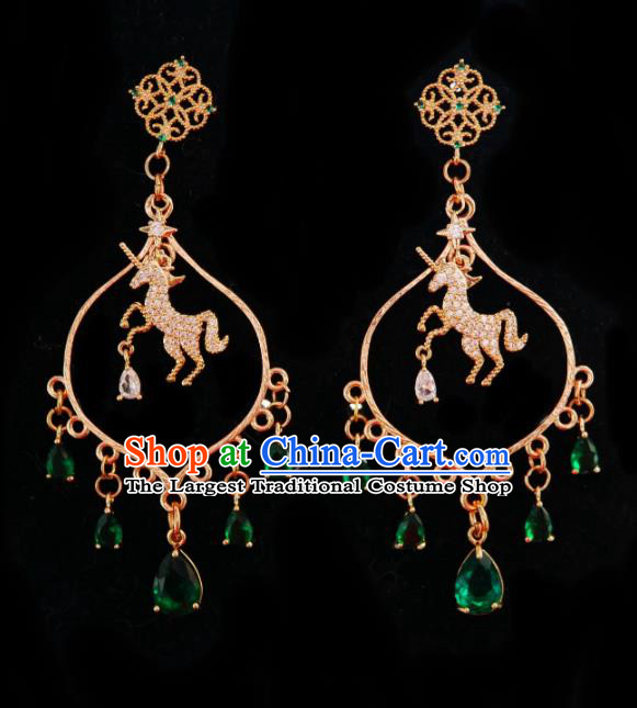 Chinese Handmade Green Zircon Earrings Traditional Hanfu Ear Jewelry Accessories Golden Horse Eardrop for Women