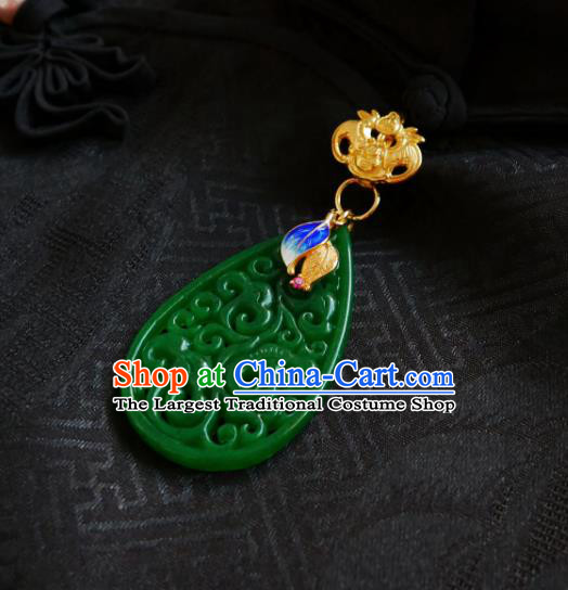 Chinese Classical Cheongsam Jade Brooch Traditional Hanfu Accessories Handmade Bat Cloisonne Leaf Breastpin Pendant for Women