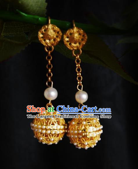 Chinese Handmade Golden Sachet Earrings Traditional Hanfu Ear Jewelry Accessories Pearls Eardrop for Women