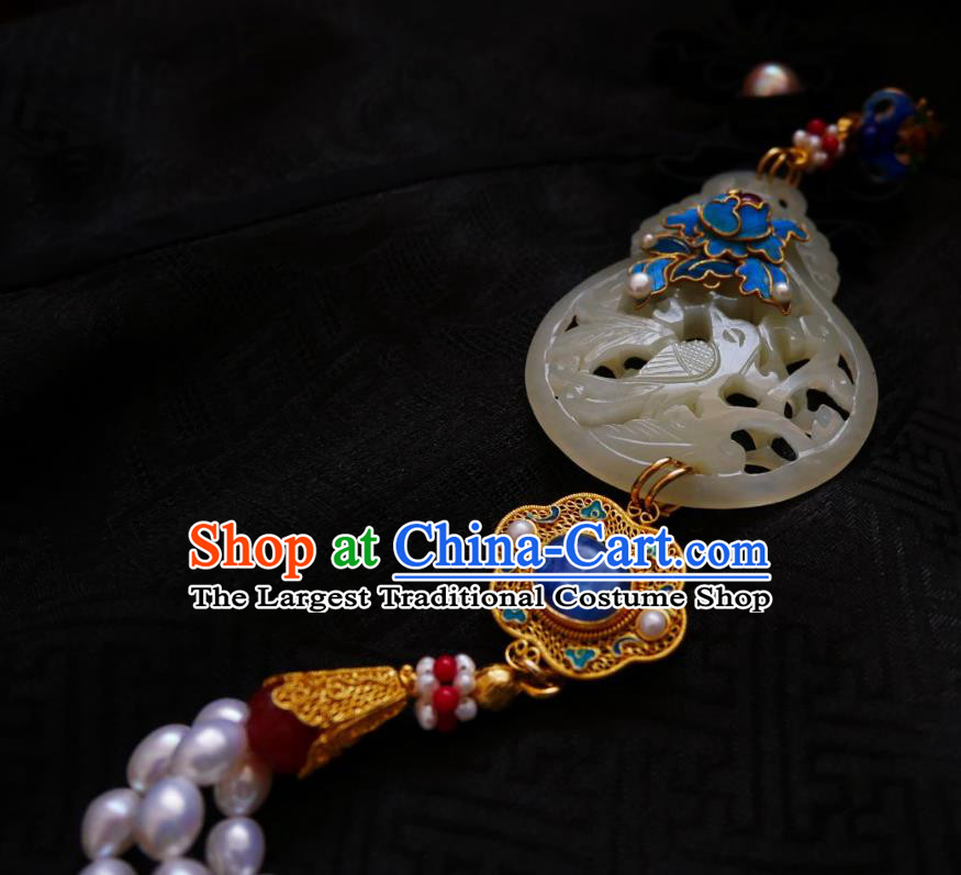 Chinese Classical Cheongsam Jade Carving Cucurbit Brooch Traditional Hanfu Accessories Handmade Breastpin Pearls Tassel Pendant for Women