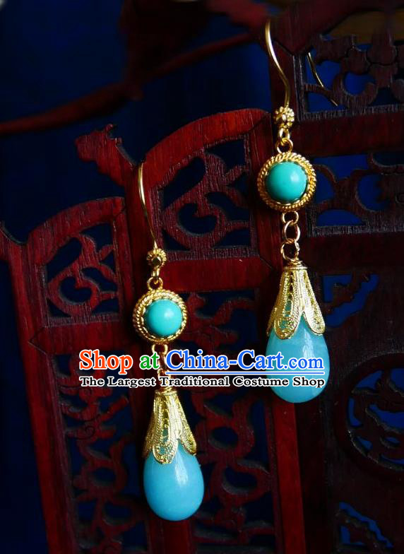 Chinese Handmade Blue Stone Earrings Traditional Hanfu Ear Jewelry Accessories Ancient Princess Eardrop for Women