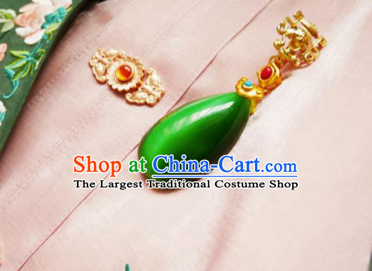 Chinese Classical Cheongsam Green Opal Brooch Traditional Hanfu Accessories Handmade Golden Breastpin Pendant for Women