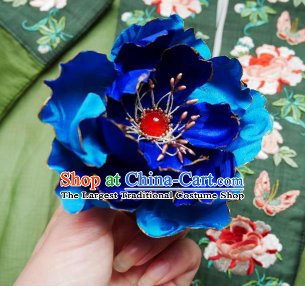 Handmade Chinese Royalblue Silk Peony Hairpins Traditional Hanfu Hair Accessories Ancient Song Dynasty Court Hair Clip for Women