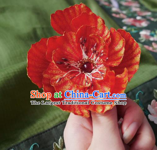 Handmade Chinese Red Silk Flower Hairpins Traditional Hanfu Hair Accessories Ancient Song Dynasty Court Hair Clip for Women