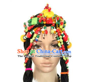 Chinese Traditional Tibetan Nationality Colorful Beads Hair Clasp Decoration Handmade Zang Ethnic Stage Show Headdress Tassel Hair Accessories for Women