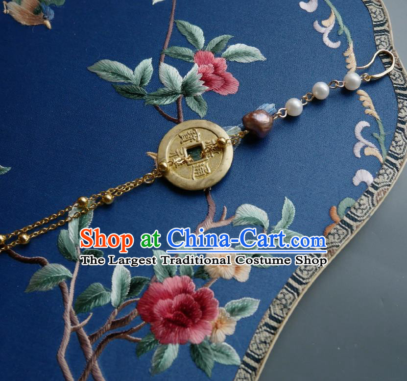 Chinese Classical Cheongsam Copper Cash Brooch Traditional Hanfu Accessories Handmade Pearls Tassel Breastpin Pendant for Women