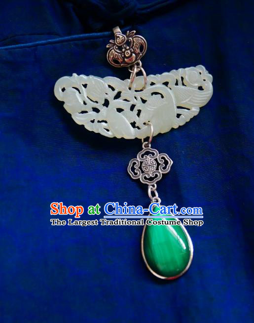 Chinese Classical Cheongsam Jade Brooch Traditional Hanfu Accessories Handmade Silver Bat Breastpin Pendant for Women