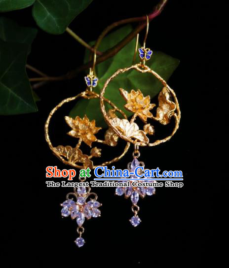 Chinese Handmade Amethyst Earrings Traditional Hanfu Ear Jewelry Accessories Golden Lotus Eardrop for Women