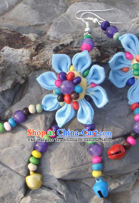 Traditional Chinese Zang Ethnic Blue Flower Earrings Folk Dance Ear Accessories Handmade Tibetan Nationality Colorful Beads Tassel Eardrop for Women