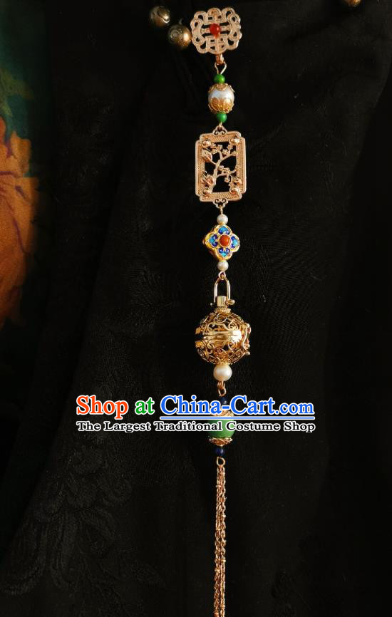 Chinese Classical Cloisonne Brooch Traditional Hanfu Cheongsam Accessories Handmade Golden Carving Sachet Tassel Breastpin Pendant for Women