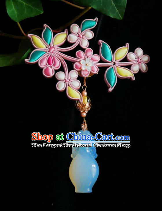 Chinese Classical Pink Silk Plum Brooch Traditional Hanfu Cheongsam Accessories Handmade Jade Vase Breastpin Pendant for Women