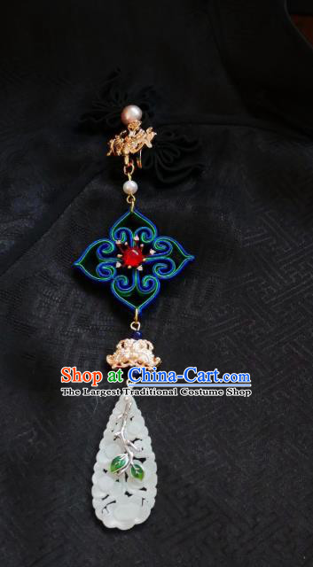 Chinese Classical Jade Carving Brooch Traditional Hanfu Cheongsam Accessories Handmade Silk Breastpin Pendant for Women