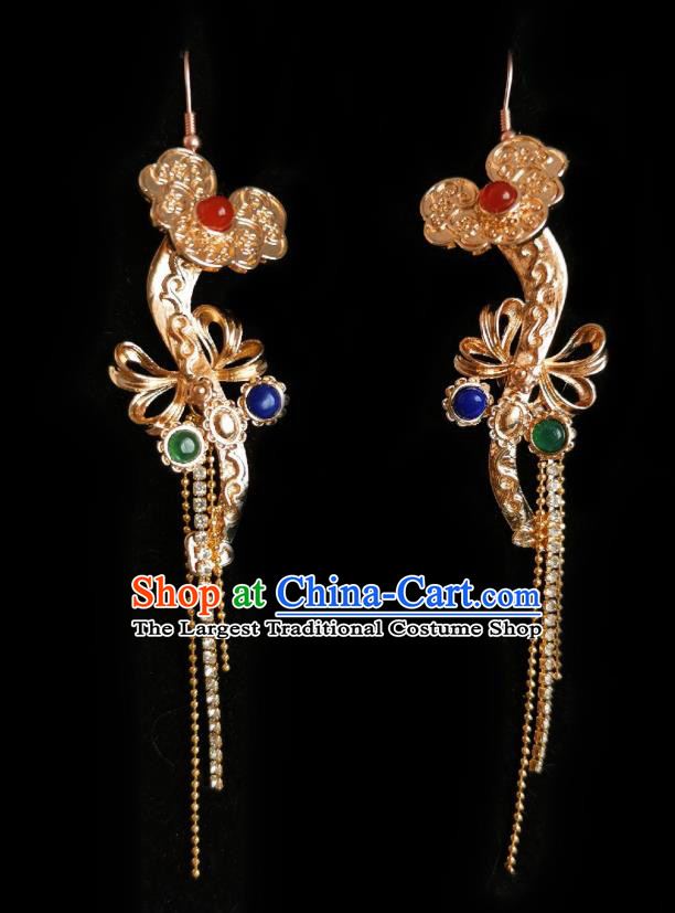 Chinese Handmade Qing Dynasty Court Golden Earrings Traditional Hanfu Ear Jewelry Accessories Classical Crystal Tassel Eardrop for Women