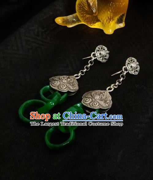 Chinese Handmade Court Green Jade Rings Earrings Traditional Hanfu Ear Jewelry Accessories Classical Silver Eardrop for Women