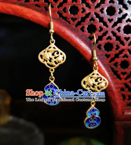 Chinese Handmade Qing Dynasty Silver Earrings Traditional Hanfu Ear Jewelry Accessories Classical Court Blueing Cucurbit Eardrop for Women