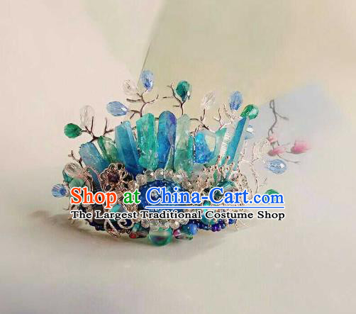 Handmade Chinese Blue Crystal Hair Crown Hairpins Traditional Hanfu Hair Accessories Ancient Court Hair Clip for Women