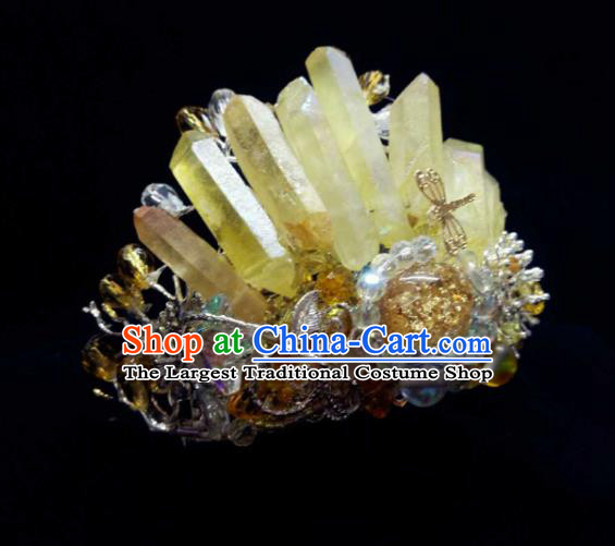 Handmade Chinese Yellow Crystal Hair Crown Hairpins Traditional Hanfu Hair Accessories Ancient Court Hair Clip for Women