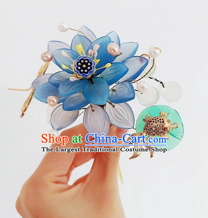 Handmade Chinese Blue Lotus Goldfish Hairpins Traditional Hanfu Hair Accessories Ancient Court Hair Clip for Women