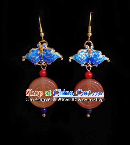 Chinese Handmade Court Red Jade Earrings Traditional Hanfu Ear Jewelry Accessories Classical Cloisonne Butterfly Eardrop for Women