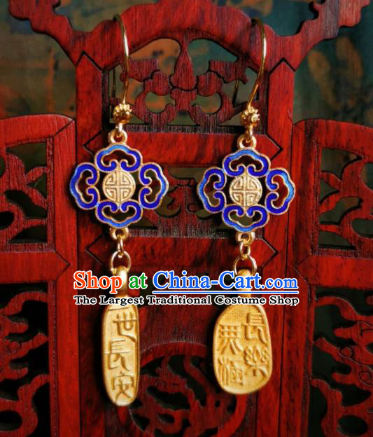 Chinese Handmade Qing Dynasty Blueing Earrings Traditional Hanfu Ear Jewelry Accessories Classical Court Golden Eardrop for Women