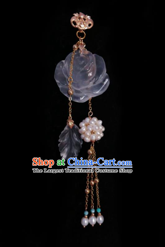 Chinese Classical Carving Rose Brooch Traditional Hanfu Cheongsam Accessories Handmade Pearls Tassel Breastpin Pendant for Women