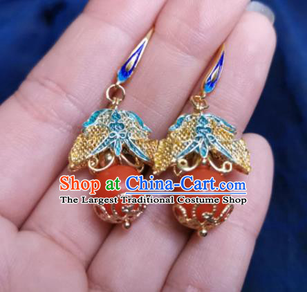 Chinese Handmade Qing Dynasty Red Bead Earrings Traditional Hanfu Ear Jewelry Accessories Classical Eardrop for Women