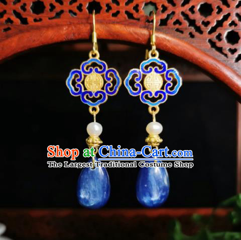 Chinese Handmade Qing Dynasty Blue Stone Earrings Traditional Hanfu Ear Jewelry Accessories Classical Lucky Eardrop for Women