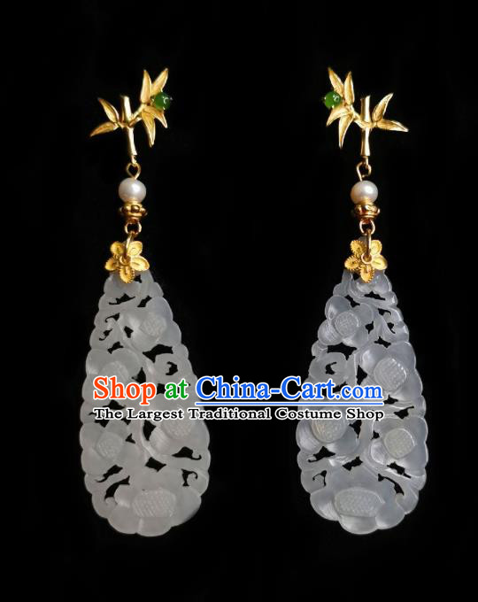 Chinese Handmade Golden Bamboo Earrings Traditional Hanfu Ear Jewelry Accessories Classical Jade Carving Eardrop for Women