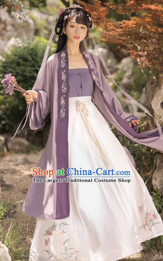 Top Chinese Song Dynasty Young Lady Costumes Traditional Hanfu Garment Ancient Village Girl Embroidered BeiZi Top and Skirt Complete Set