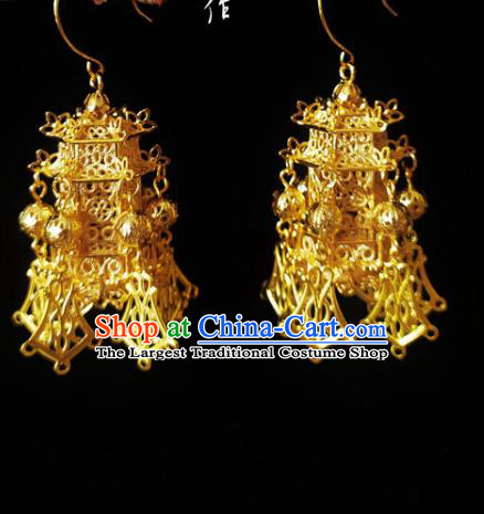 Chinese Handmade Court Golden Earrings Traditional Hanfu Ear Jewelry Accessories Classical Qing Dynasty Palace Eardrop for Women